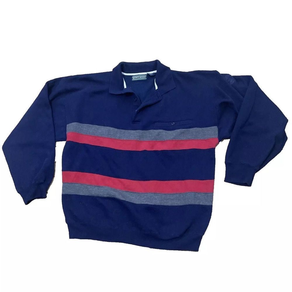 Sports Accent Rugby Sweatshirt Men M Blue Gray Red CutSew Preppy Vintage Sweater